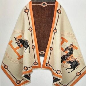 Women’s Elegant Horse Print Shawl with Orange Accents